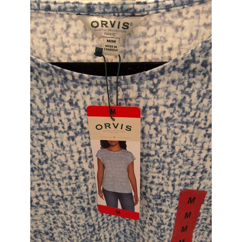 Orvis NWT Womens Blue and White Geo Print Hi Low Hem Linen Knit Top Size M - Picture 2 of 9